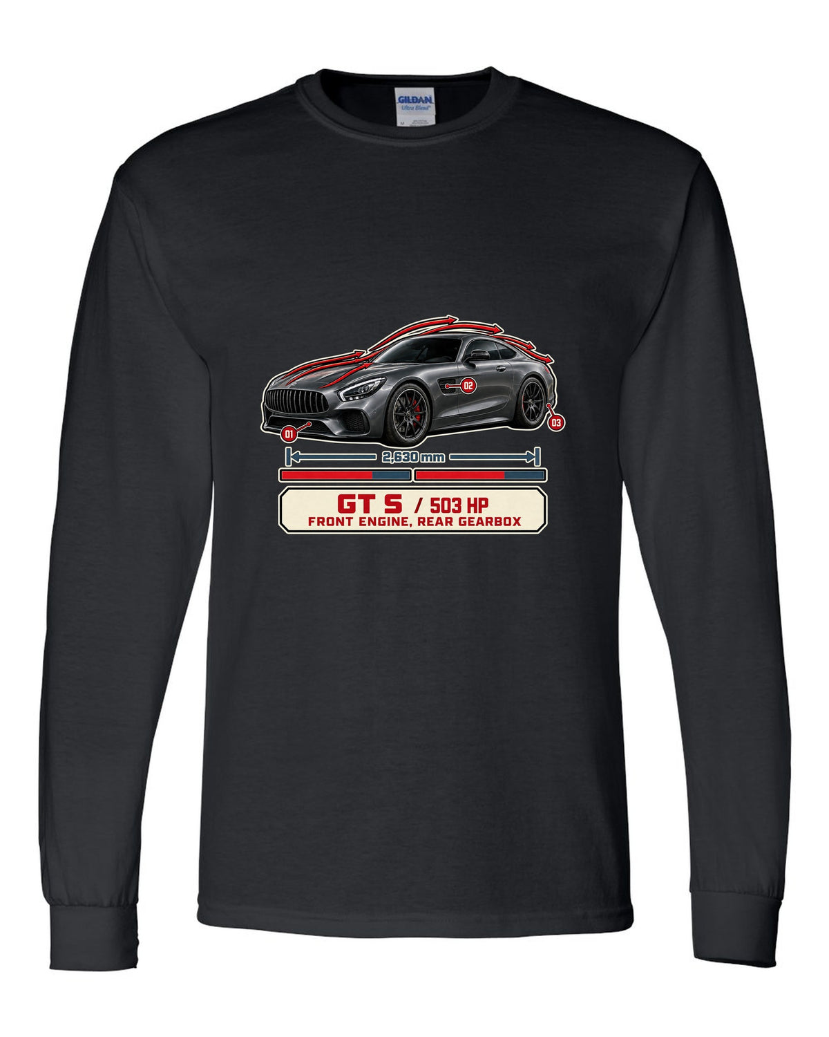Mercedes-AMG GT S C190 aero cutaway callouts print black long sleeve front view with the design