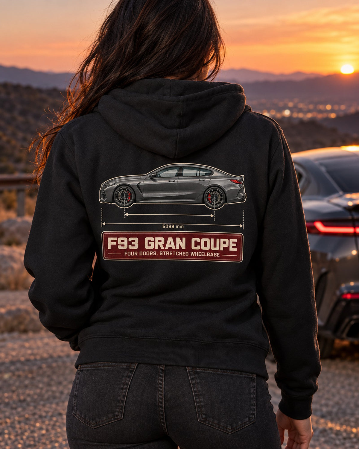 BMW M8 Gran Coupe F93 Blueprint Tee, Four Door Car Guy Zip Hoodie Black worn hero