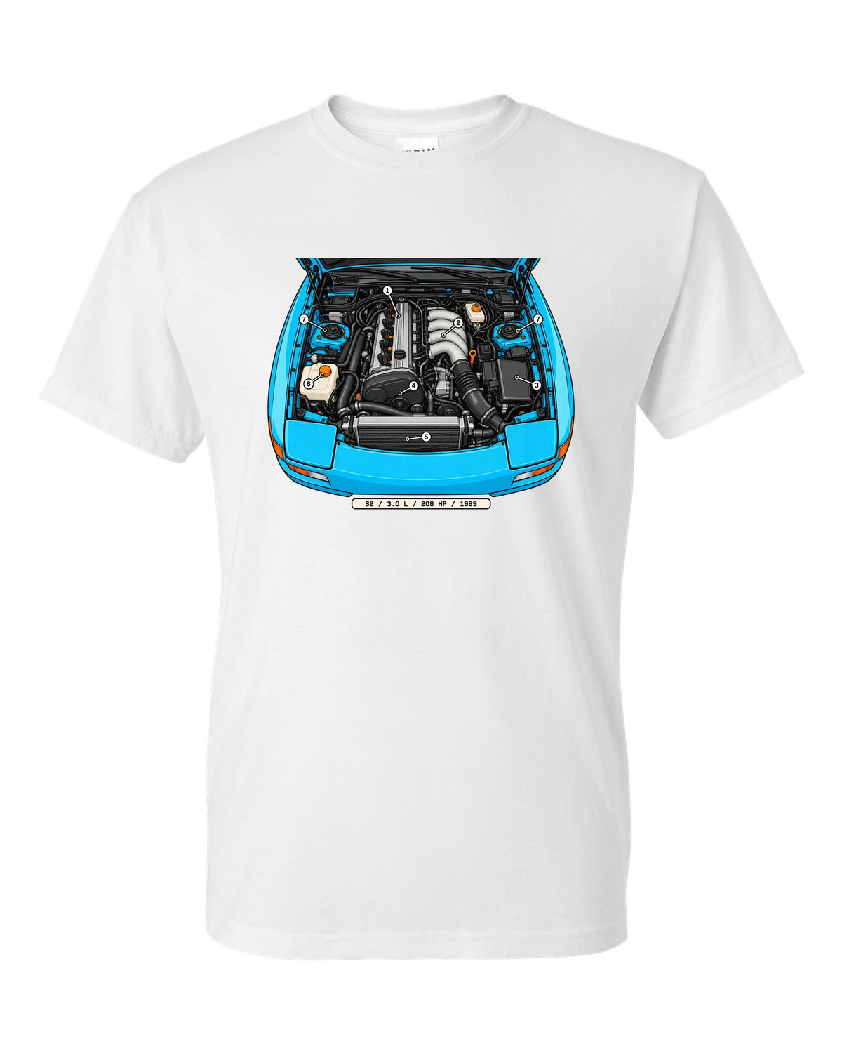 Technical callout diagram of the Porsche 944 S2 engine bay white t-shirt front view with the design