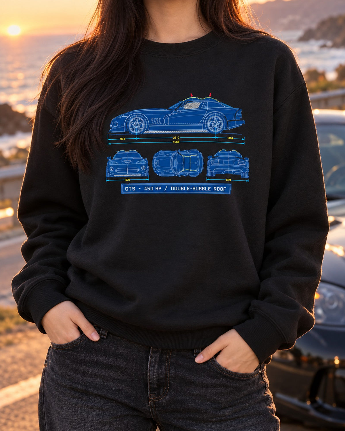1996 Dodge Viper GTS SR II Cyanotype Blueprint Shirt Crewneck Black worn hero