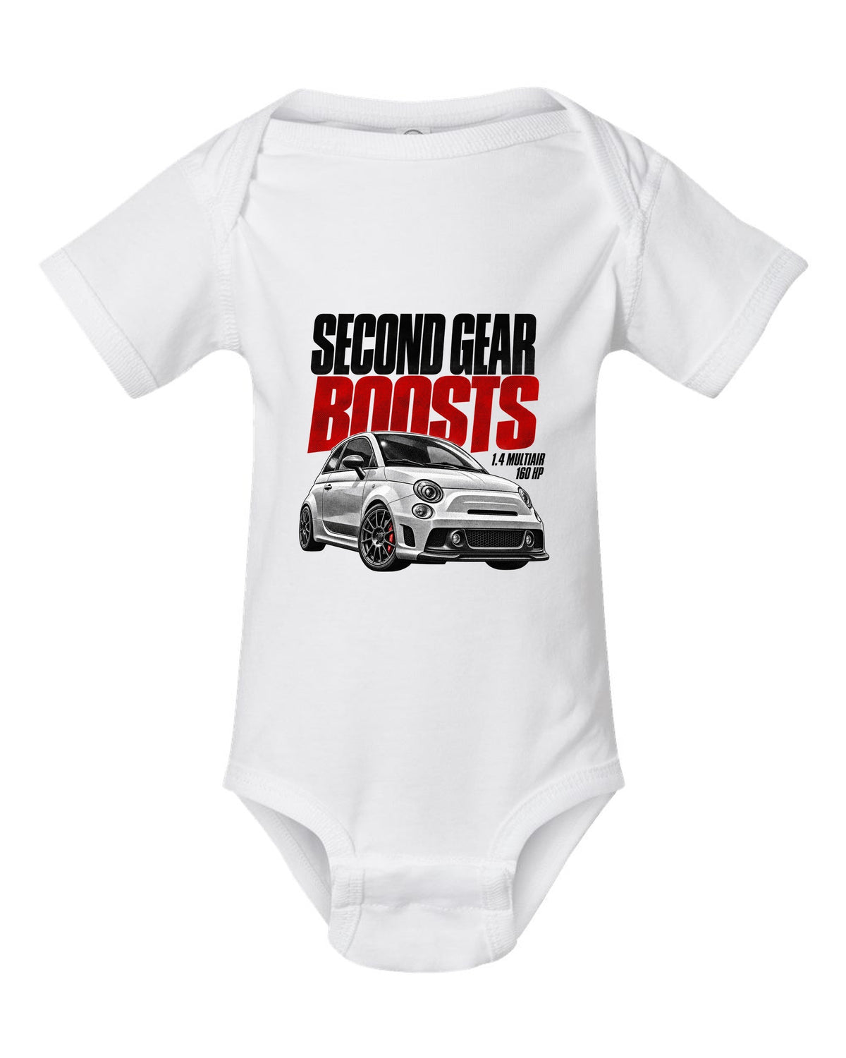 Halftone print of a Fiat 500 Abarth with 1.4 MultiAir and 160 HP text white baby onesie front view with the design