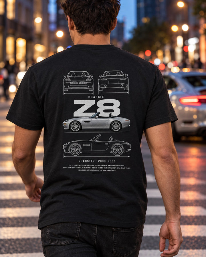 BMW Z8 roadster Blueprint Full-Back Graphic Tee, Z8 Chassis Code T-Shirt Black worn hero