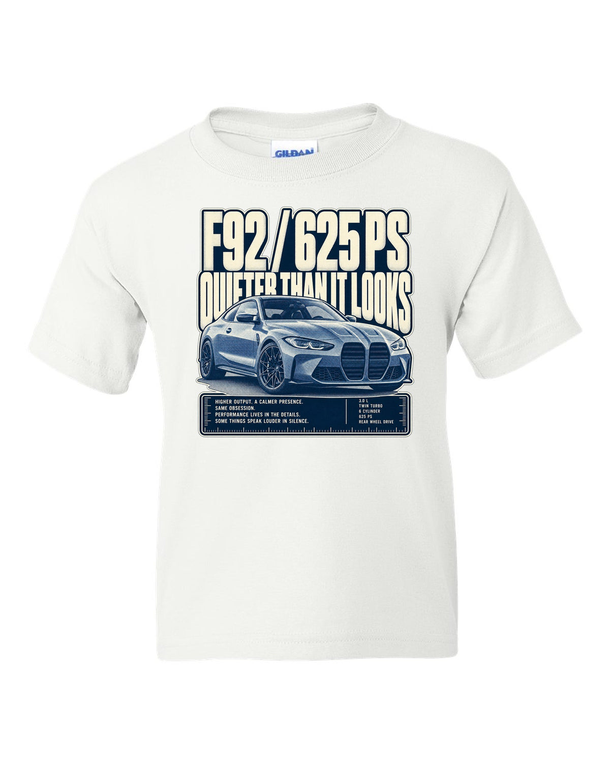 BMW M8 Competition F92 halftone statement print on a tee white kids tee front view with the design