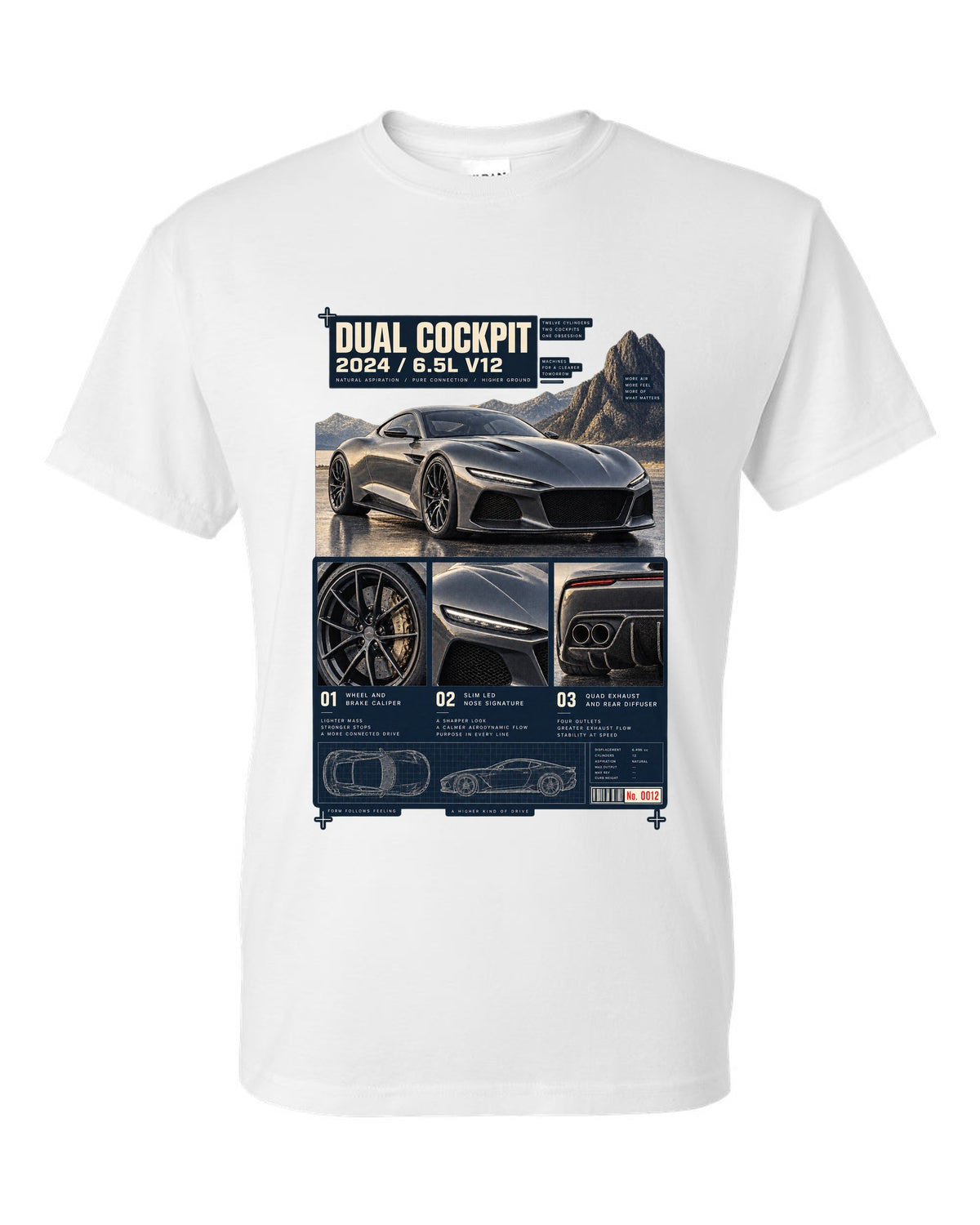 Dossier panel print of the Ferrari 12Cilindri with cockpit and V12 text white t-shirt front view with the design