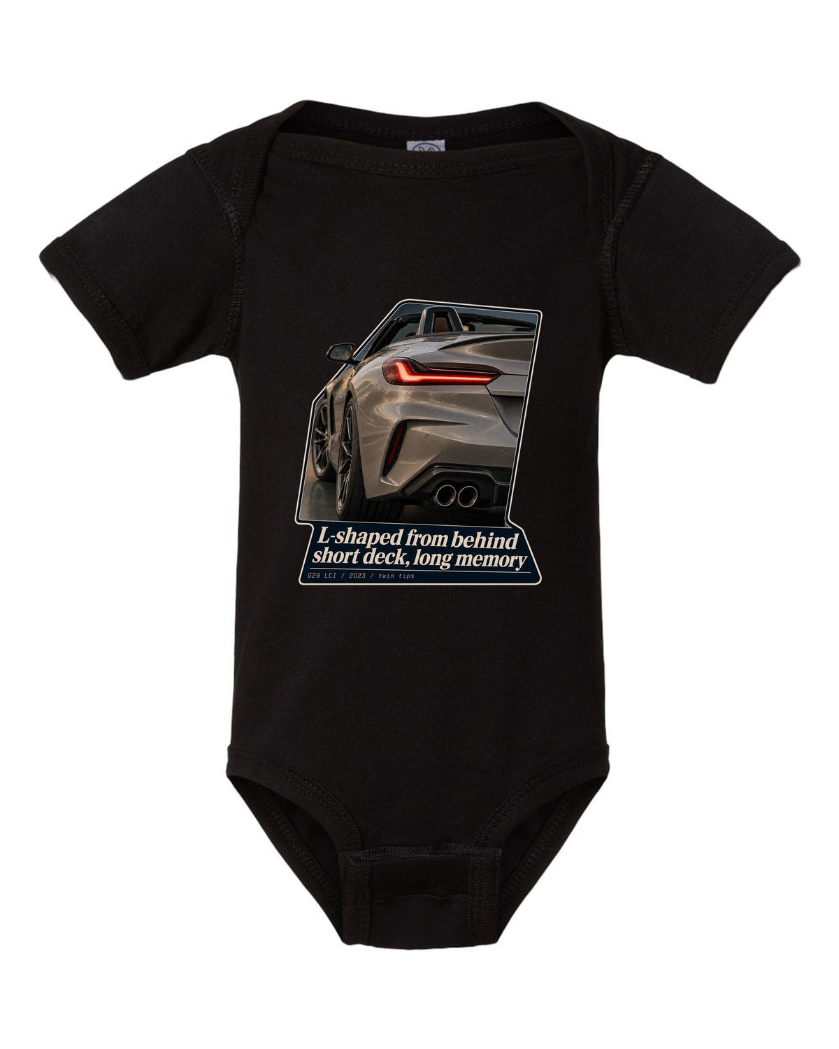 Macro print of the L-shaped taillight on a 2023 BMW Z4 G29 LCI black baby onesie front view with the design