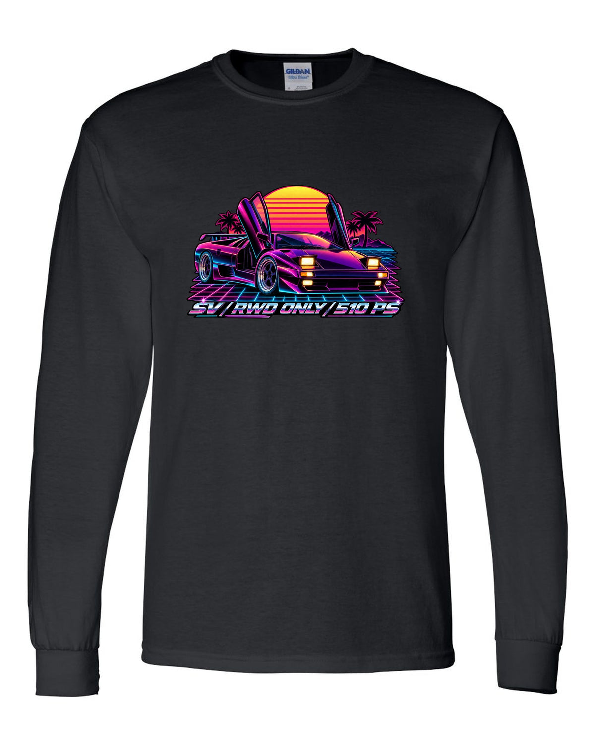 Synthwave outrun style Lamborghini Diablo SV with RWD only and 510 PS lettering black long sleeve front view with the design