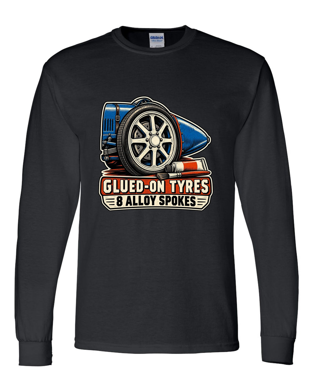 Linocut style print of a Bugatti Type 35 eight-spoke alloy wheel with glued-on tyres lettering black long sleeve front view with the design