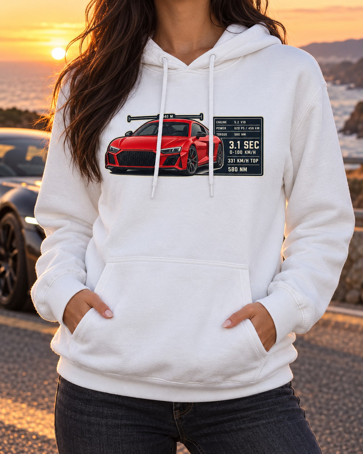Audi R8 V10 Performance Spec Poster Tee, 331 km/h Top Speed Pull Over Hoodie White worn hero