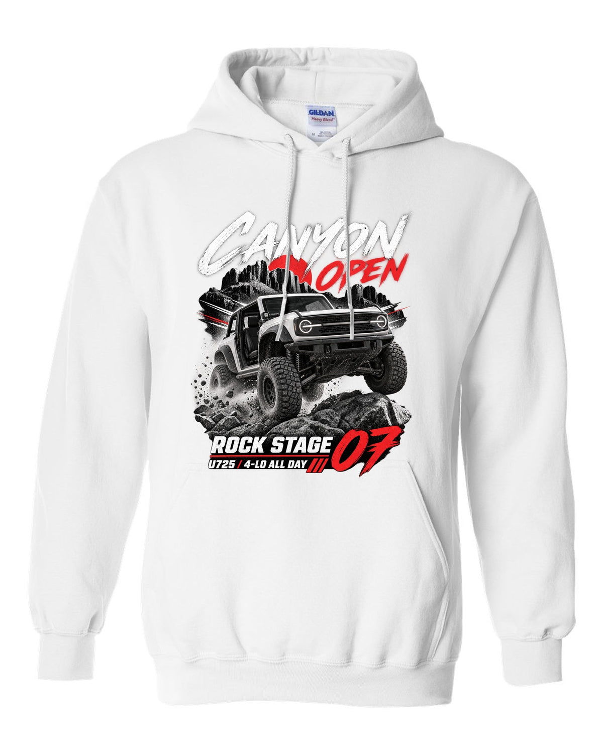 Ford Bronco 2021 two-door U725 race poster print with Rock Stage 07 and 4-Lo text white pull over hoodie front view with the design