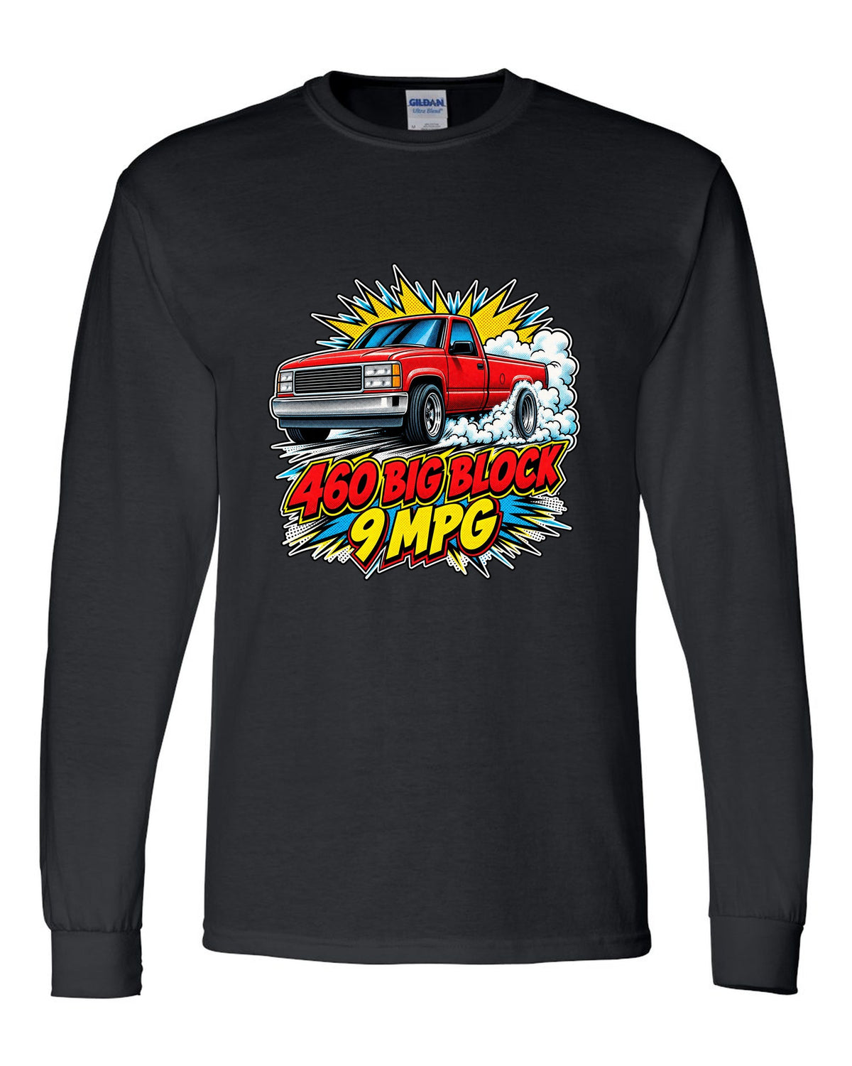 Comic halftone pop-art print of a 1992-97 Ford F-150 OBS burnout with 460 big block text black long sleeve front view with the design