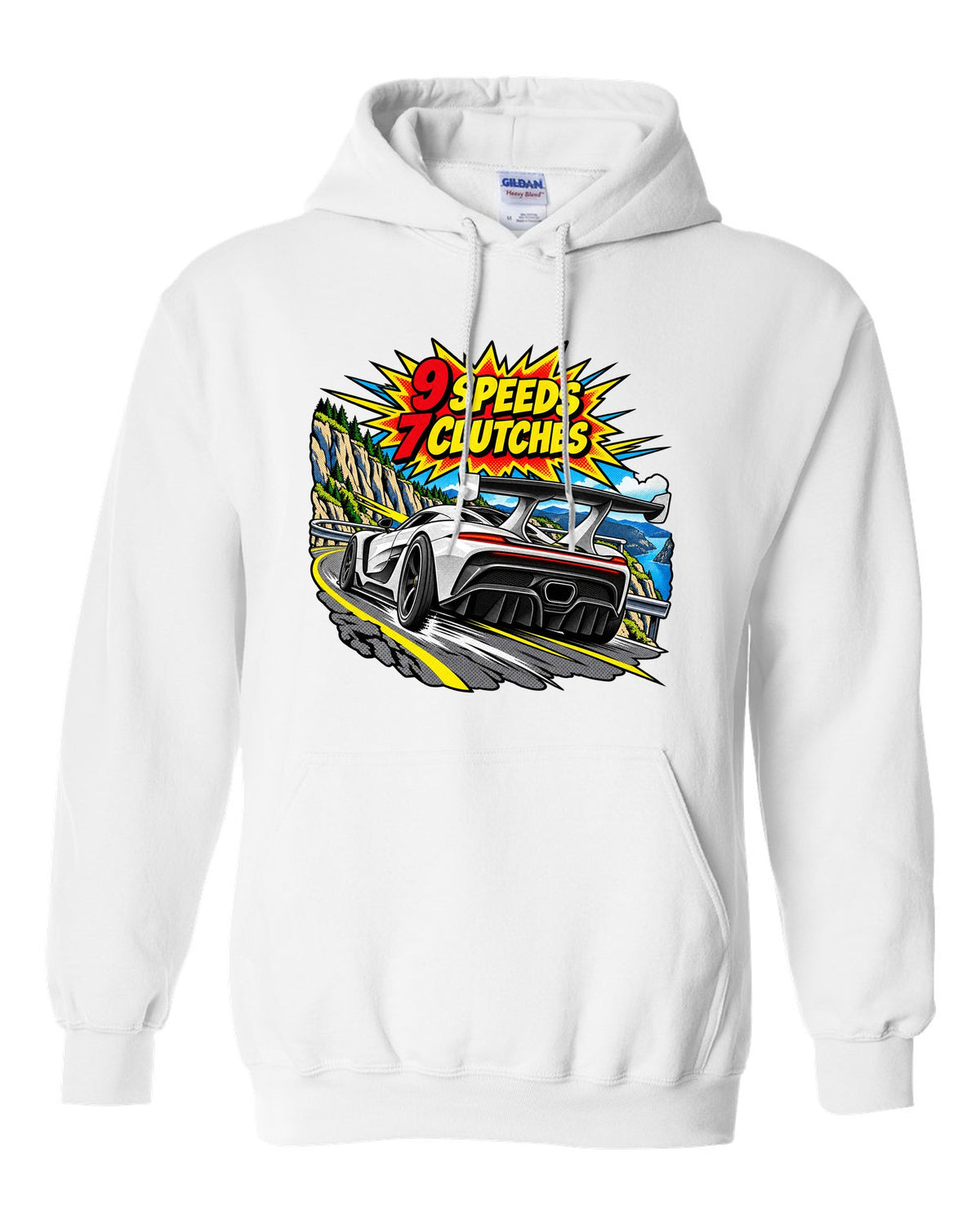 Comic halftone pop art print of a Koenigsegg Jesko with 9 speeds and 7 clutches lettering white pull over hoodie front view with the design