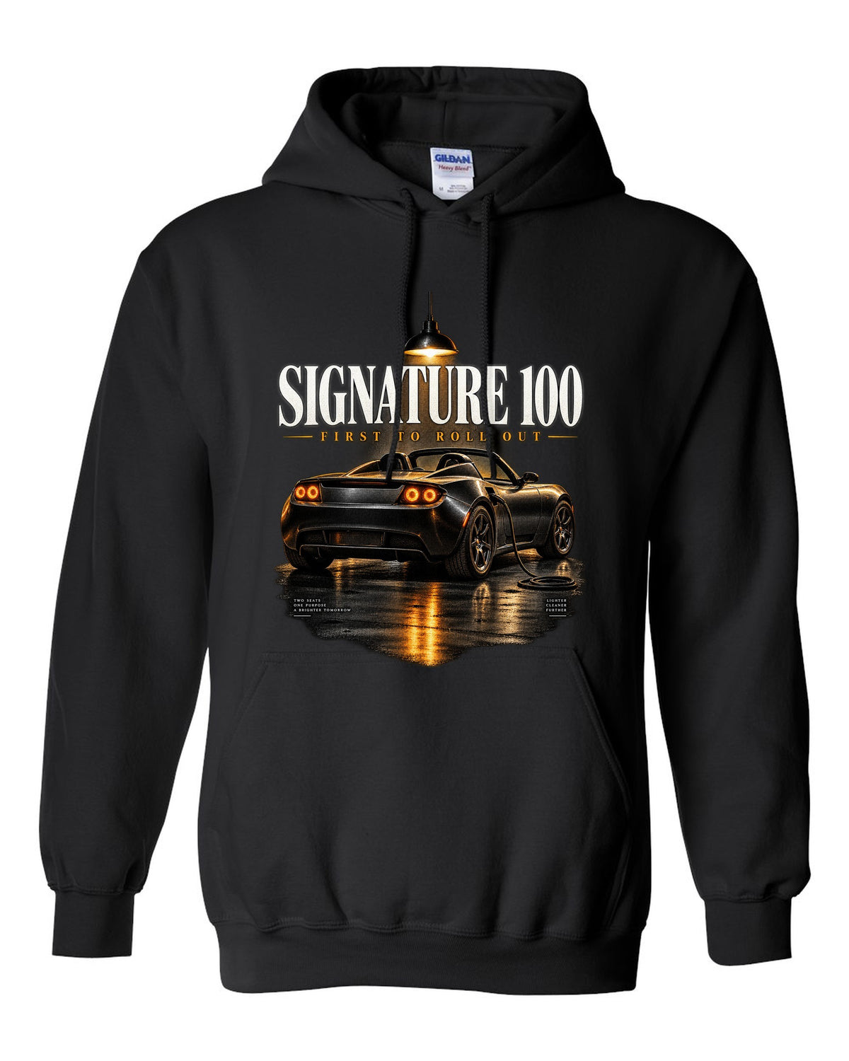Tesla Roadster Gen 1 Signature 2008 in a night garage with the text Signature 100 first to roll out black pull over hoodie front view with the design