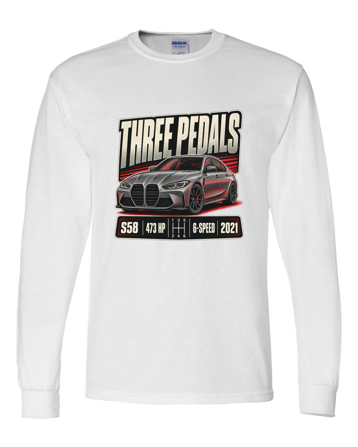 BMW M3 G80 six-speed manual halftone print with three pedals text white long sleeve front view with the design