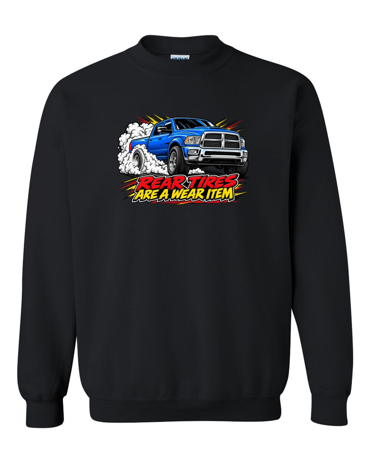 Comic ink burnout print of a 2003-2009 Dodge Ram 2500 5.9 Cummins HO black crewneck front view with the design