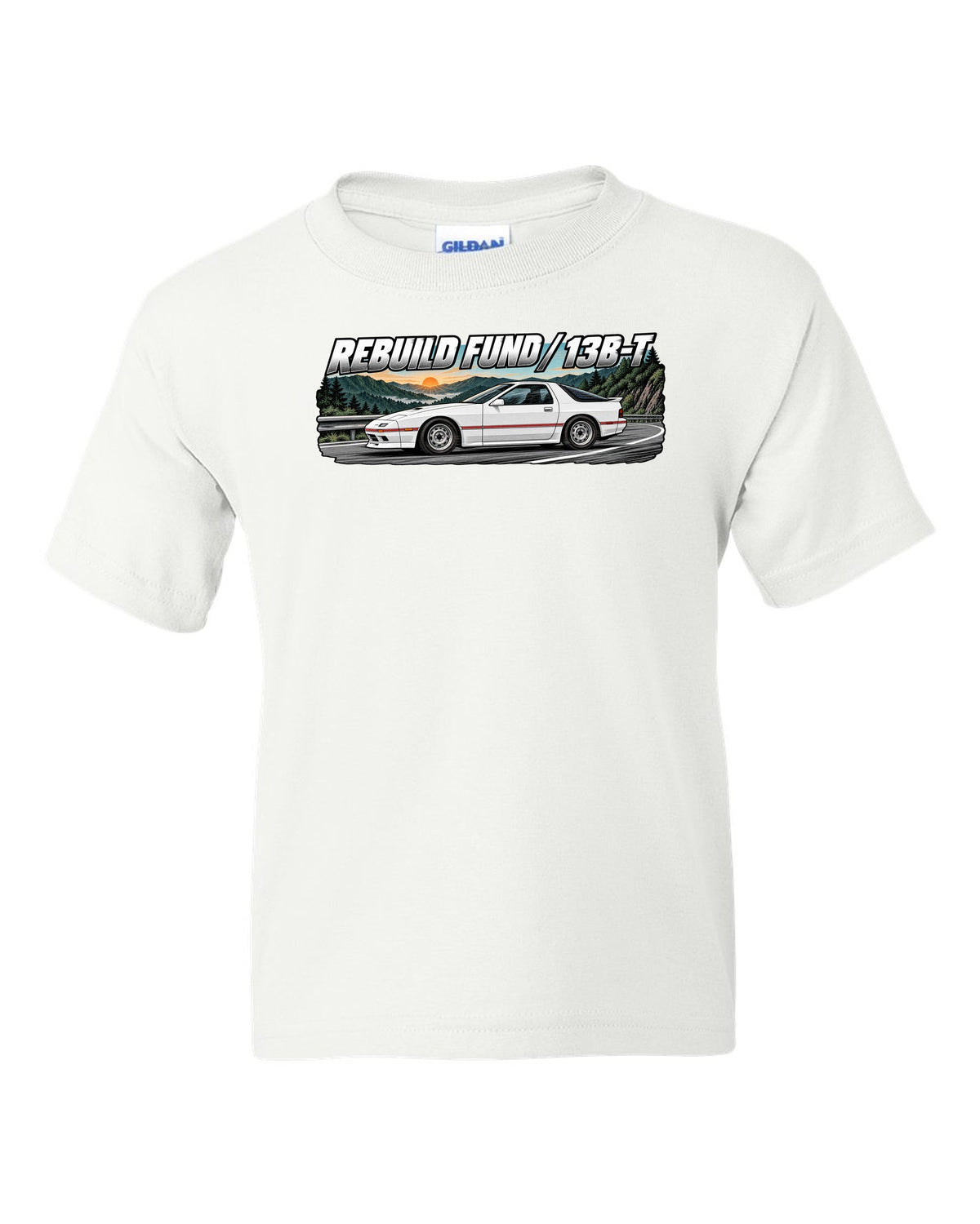 Retro manga ink and screentone illustration of a Mazda RX-7 FC3S white kids tee front view with the design