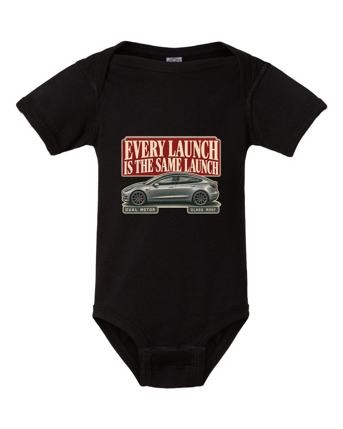 Tesla Model 3 Performance Editorial Headline Tee, 2018-2023 black baby onesie front view with the design