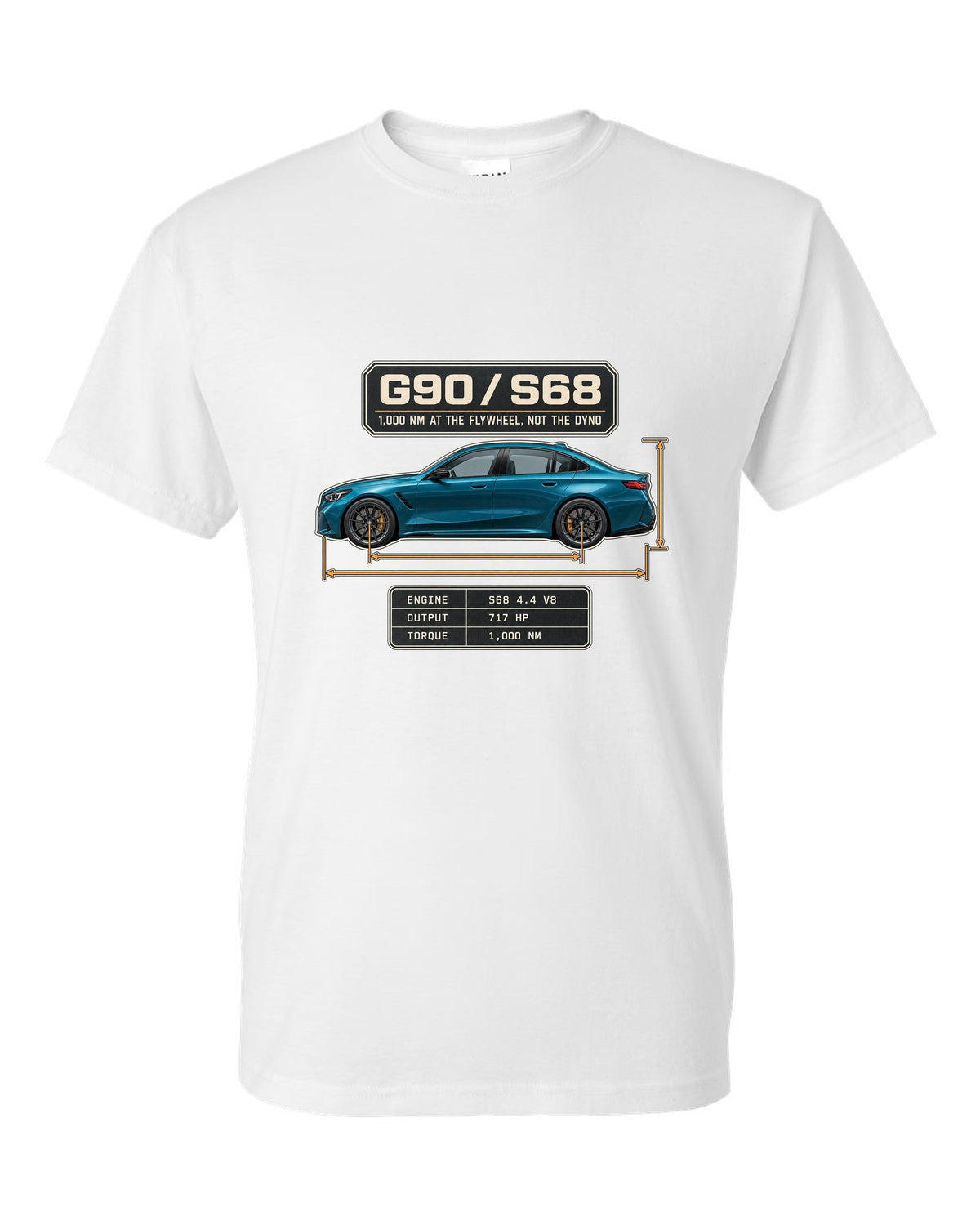 BMW M5 G90 sedan dimension blueprint profile print on a tee white t-shirt front view with the design