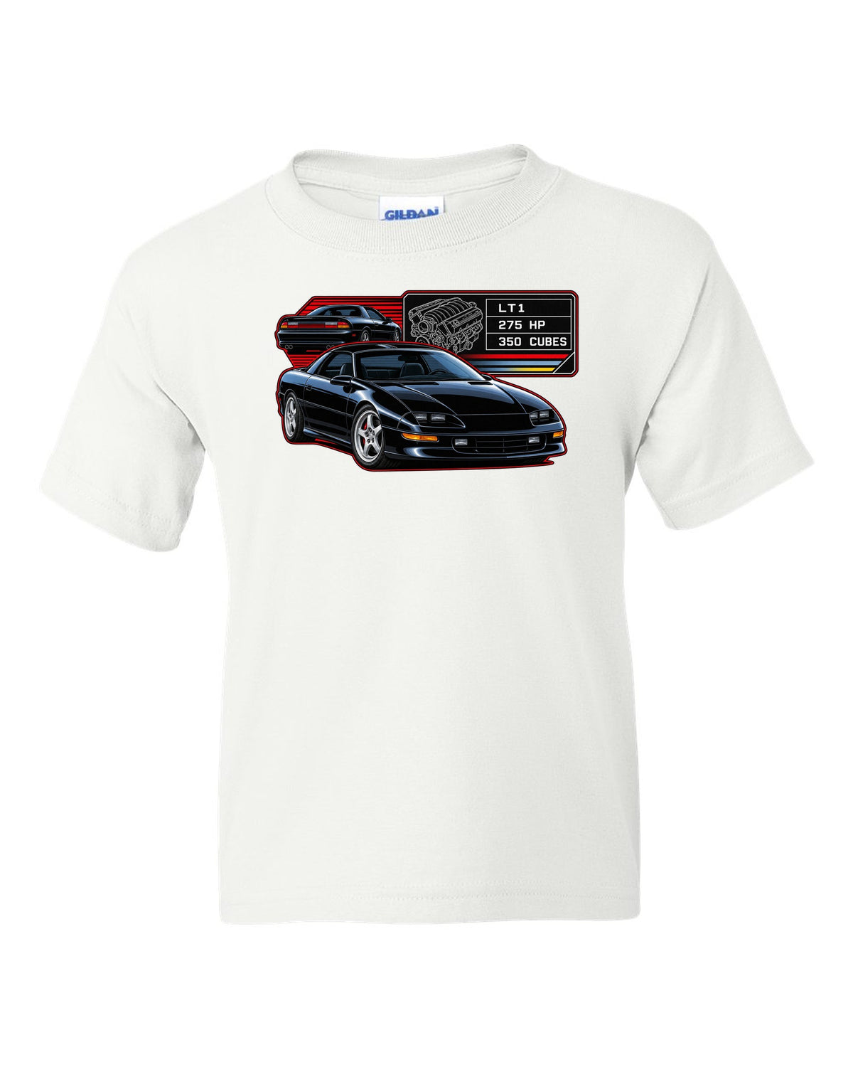 1993 Camaro Z28 fourth-generation spec plate design with the text LT1 275 HP 350 Cubes white kids tee front view with the design