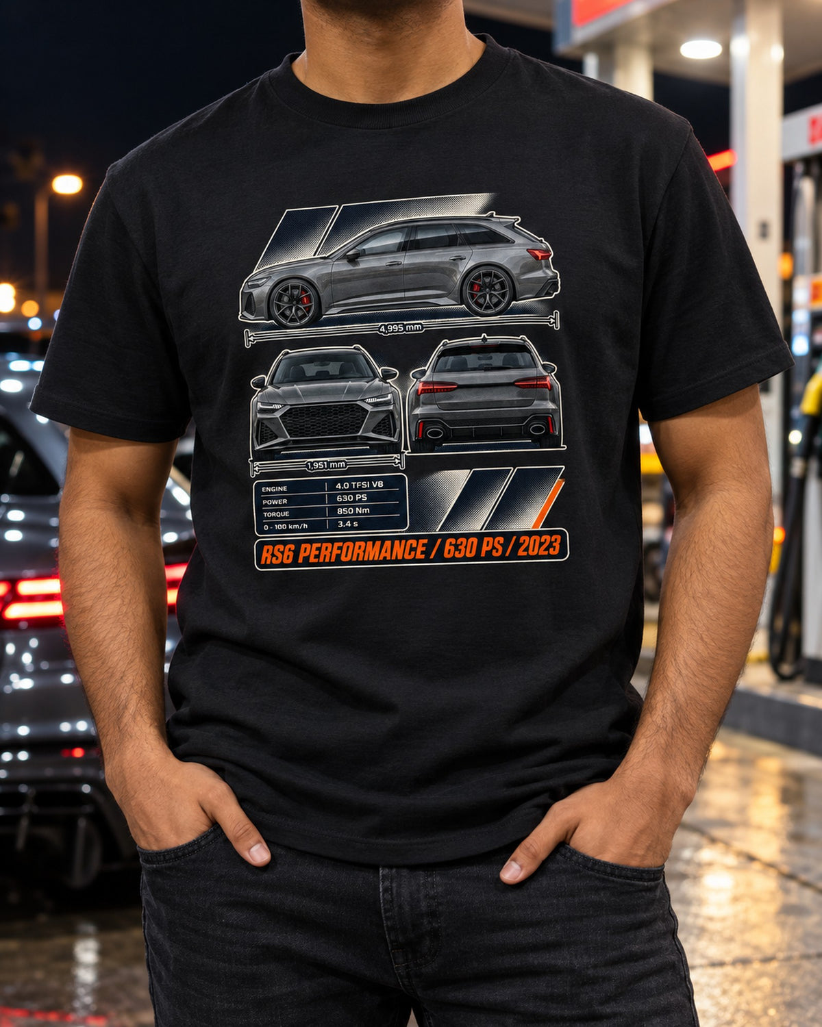 Audi RS6 Avant Performance Three-View Spec Tee, 630 PS T-Shirt Black worn hero