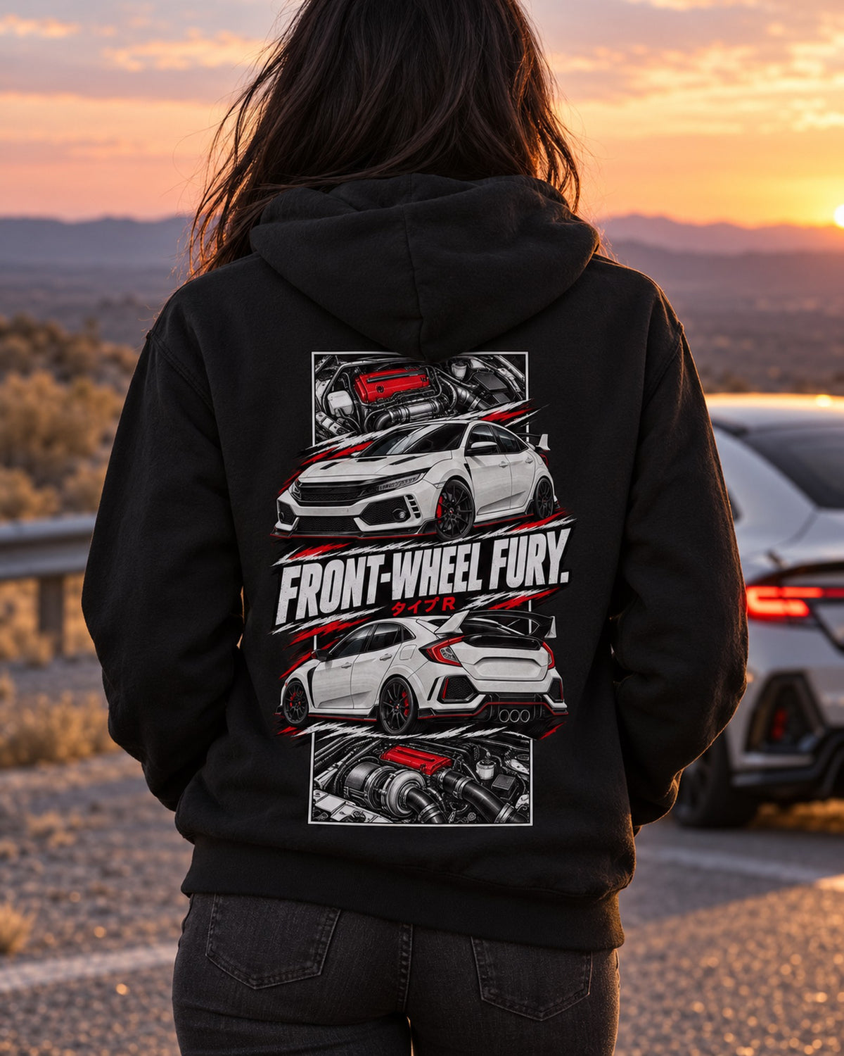 Honda Civic Fk8 Torn Poster Full-Back Graphic Tee Zip Hoodie Black worn hero