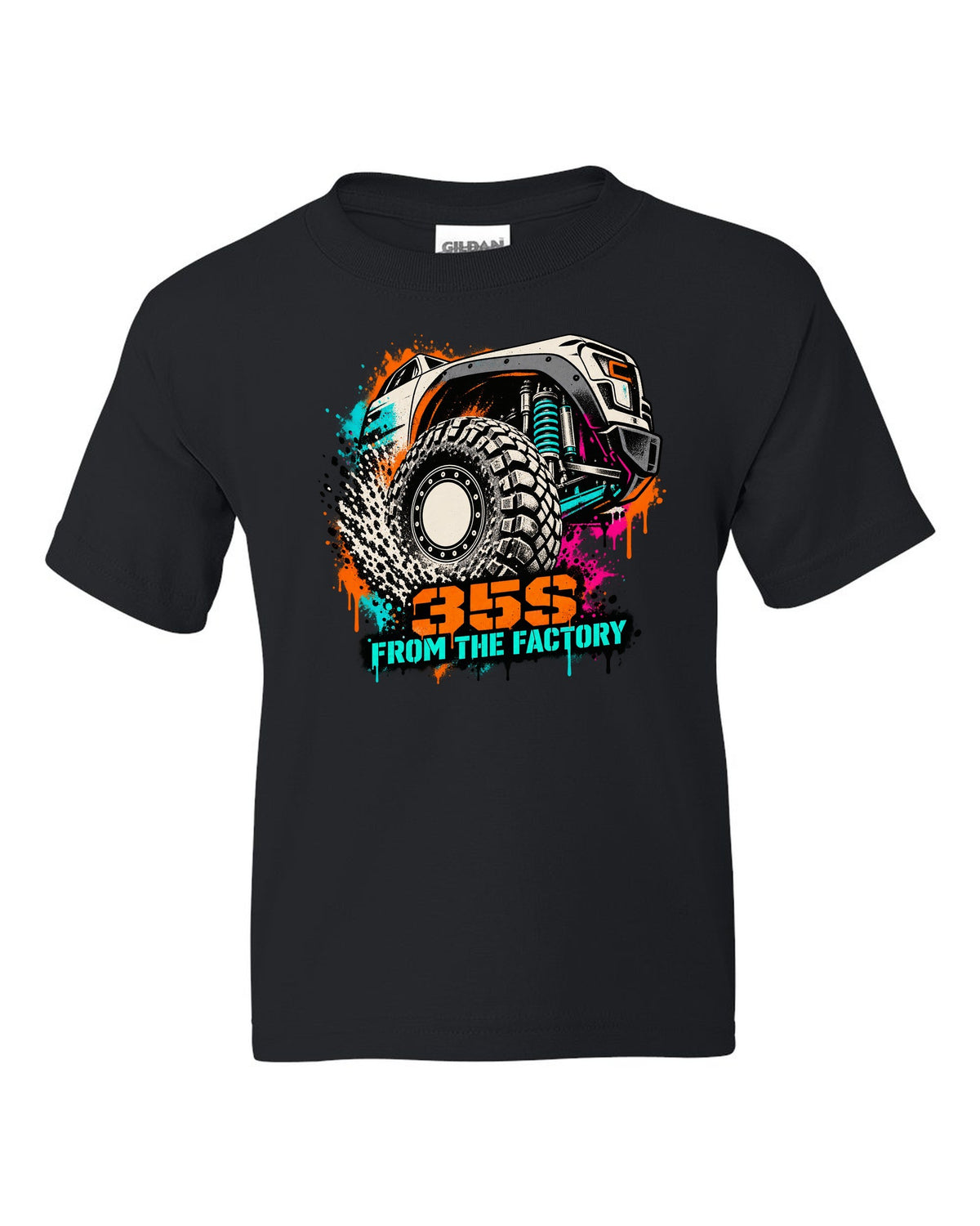Stencil spray street art print of a Ram 1500 TRX wheel with 35S lettering black kids tee front view with the design