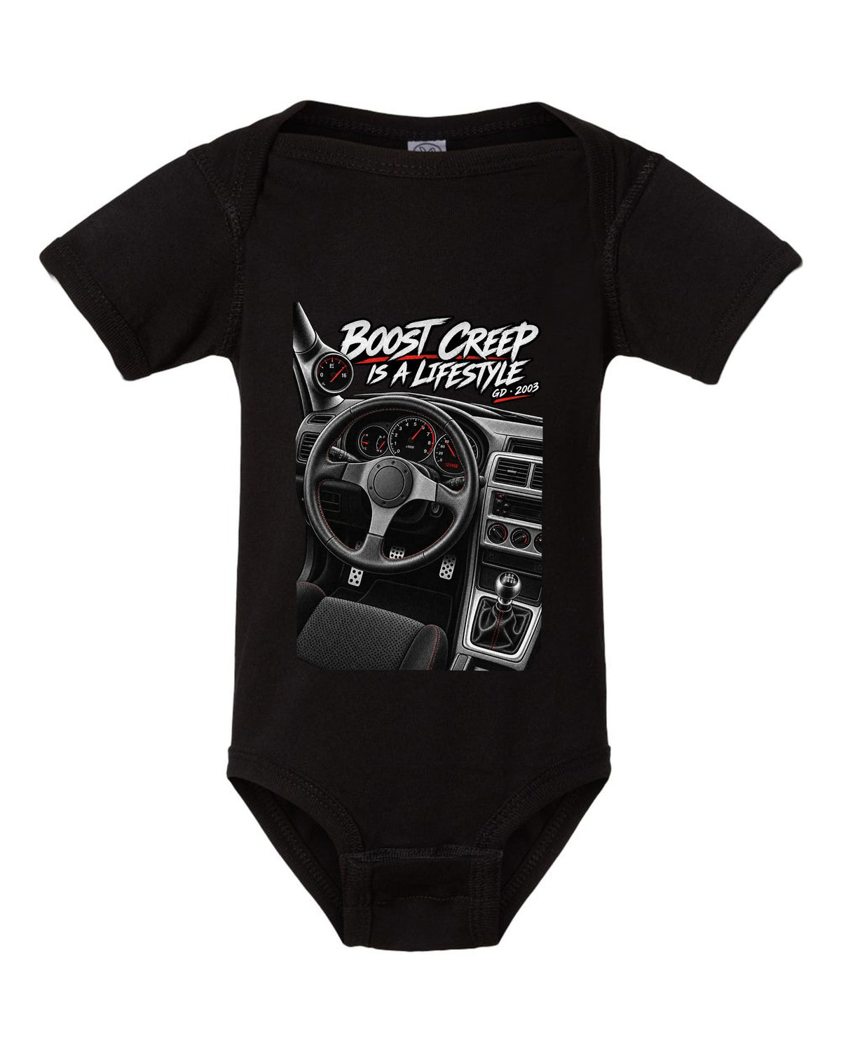 Boost gauge cockpit print for a Subaru Impreza WRX GD Blobeye with boost creep text black baby onesie front view with the design