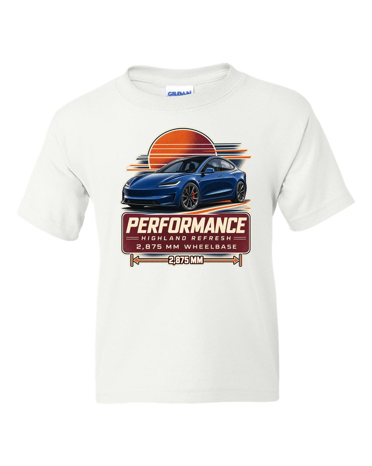 Spec poster print of a Tesla Model 3 Performance Highland refresh white kids tee front view with the design