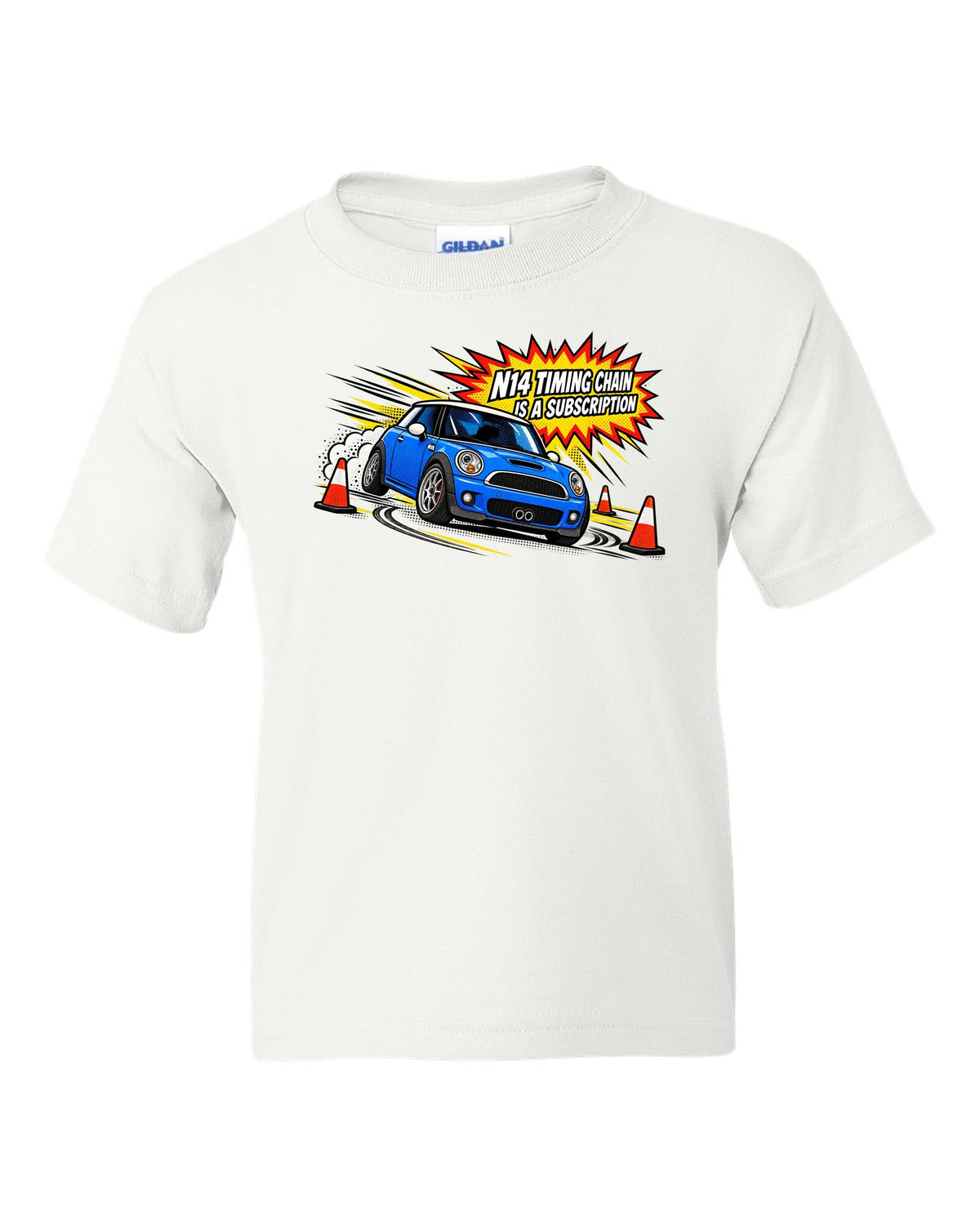 Comic halftone pop-art Mini Cooper S R56 with N14 timing chain joke white kids tee front view with the design