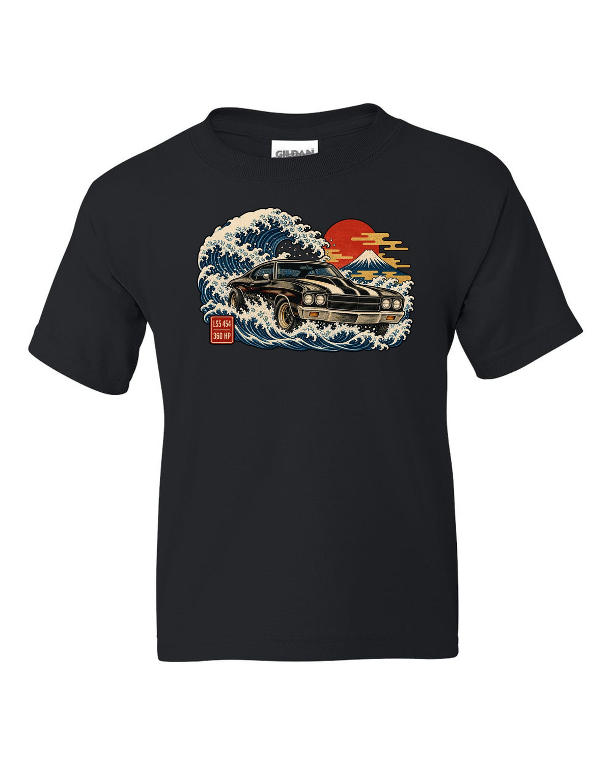 1970 Chevelle SS on a great wave in ukiyo-e woodblock style with text LS5 454 360 HP black kids tee front view with the design