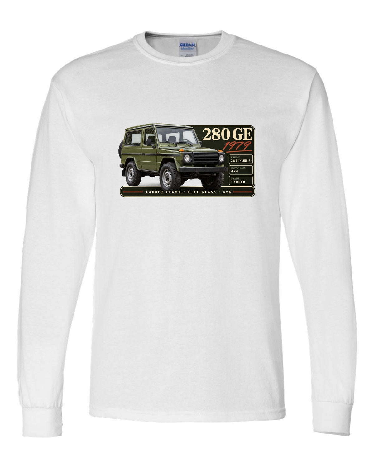 Archive panel print of a 1979 Mercedes 280 GE W460 with ladder frame, flat glass and 4x4 lettering white long sleeve front view with the design
