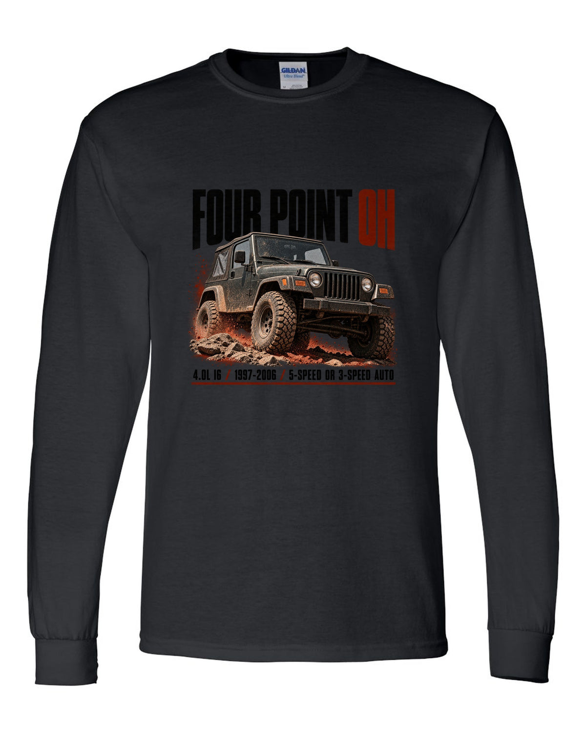 Halftone print for the Jeep Wrangler TJ 4.0L I6, 1997-2006 black long sleeve front view with the design