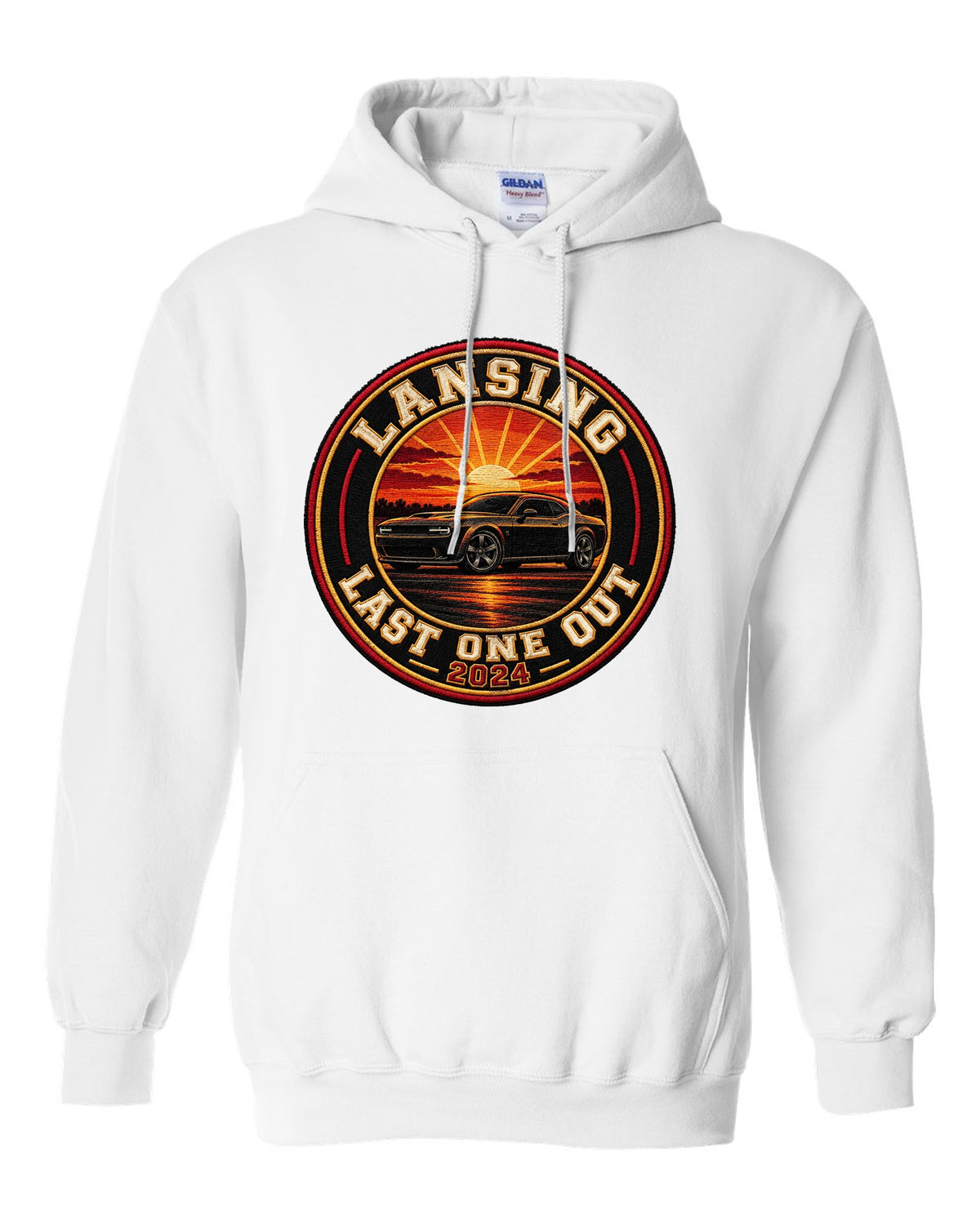 2023 Chevrolet Camaro varsity crest print reading Lansing Last One Out 2024 white pull over hoodie front view with the design