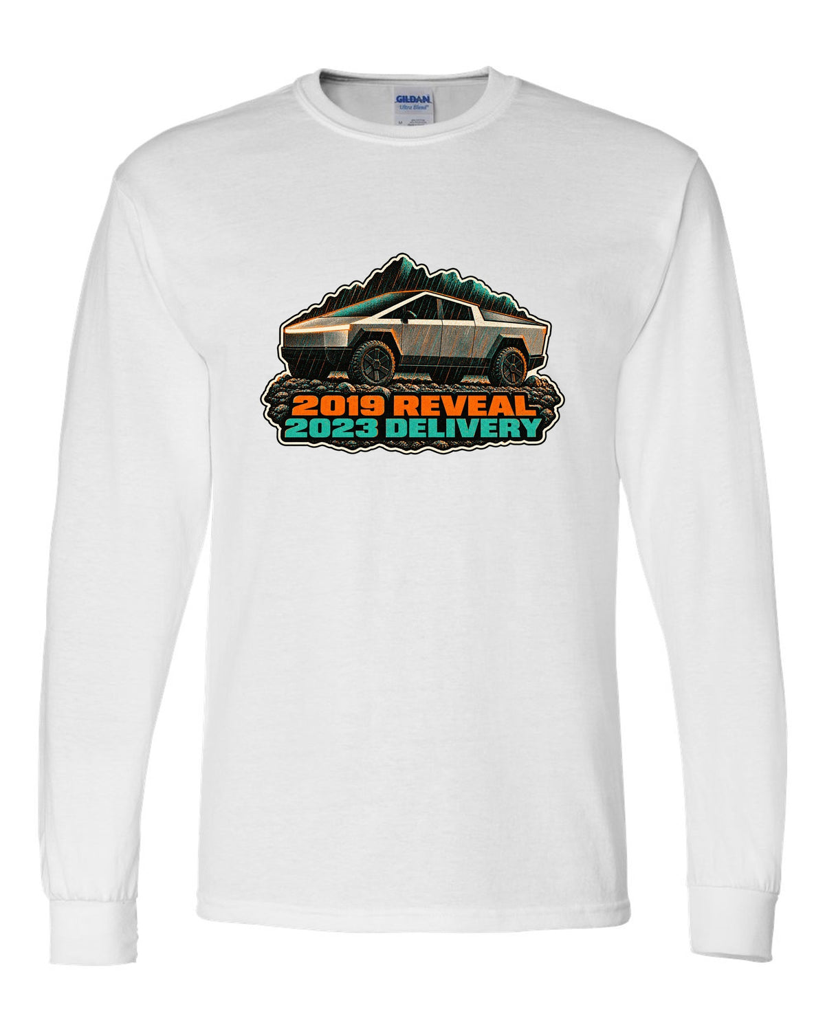 Risograph two-colour print of a 2023 Tesla Cybertruck in gravel and rain with 2019 Reveal 2023 Delivery lettering white long sleeve front view with the design