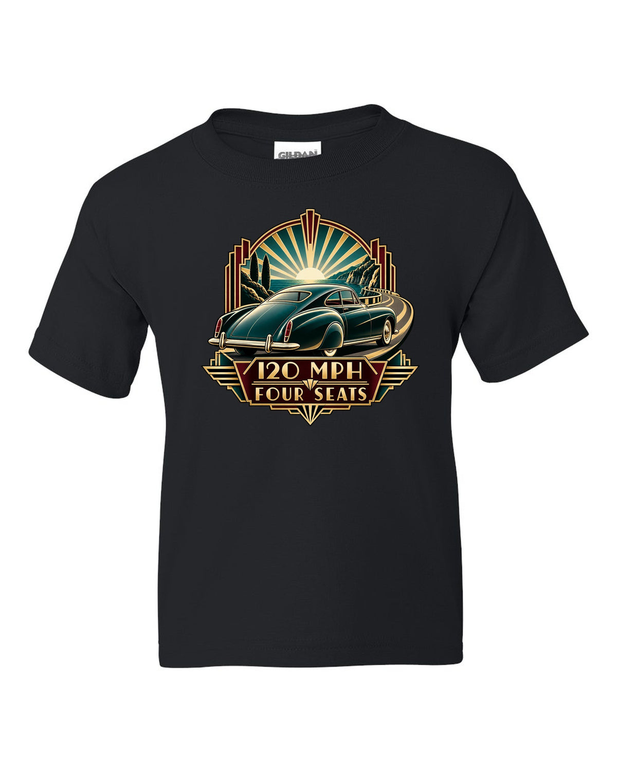 Synthwave outrun print of a 1982 Bentley Mulsanne Turbo with 120 mph and four seats lettering black kids tee front view with the design