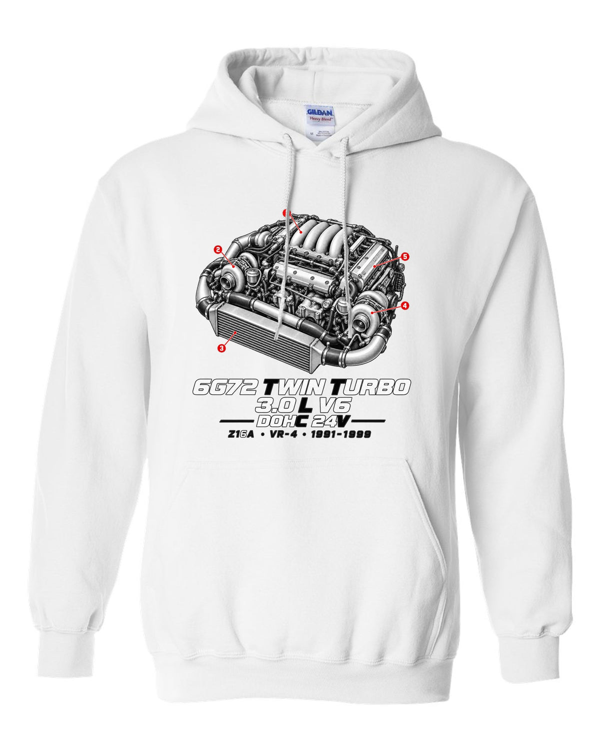 Mitsubishi 3000GT VR-4 Z16A engine bay with 6G72 twin turbo V6 specs white pull over hoodie front view with the design