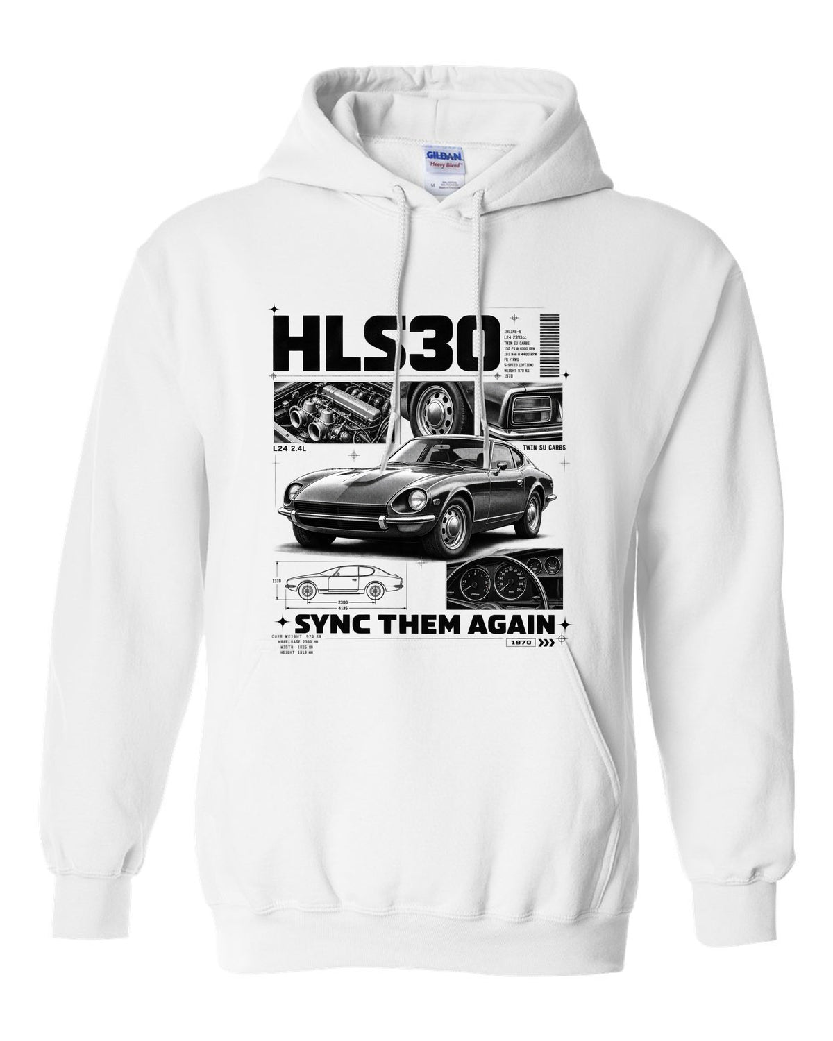 Dossier panel print of a 1970 Datsun 240Z HLS30 with L24 and twin SU carbs text white pull over hoodie front view with the design