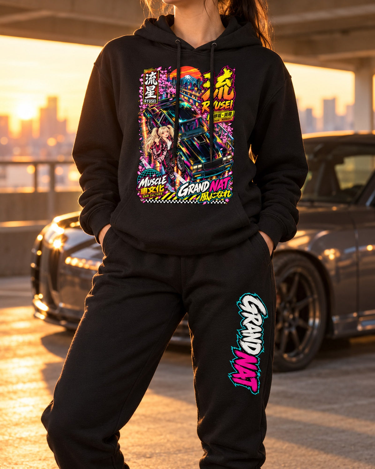 Grandnat Ryusei Anime Girl Poster Hoodie + Jogger Set Black worn hero