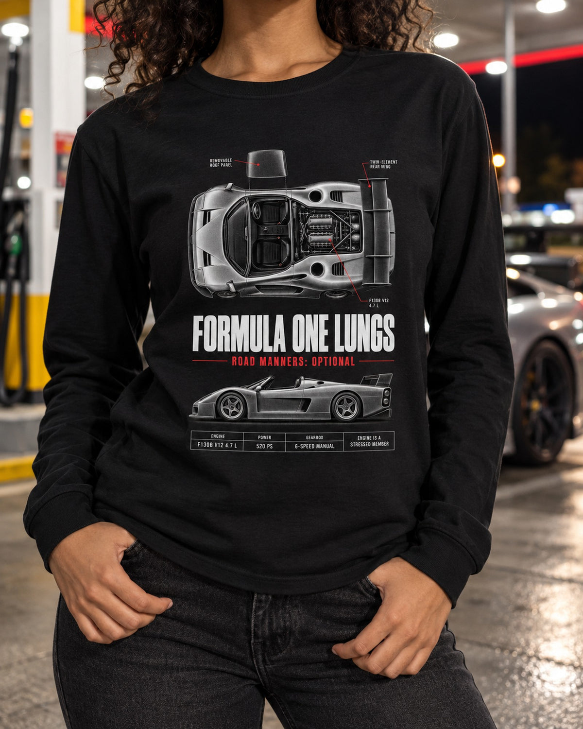 Ferrari F50 F130B V12 Spec Poster Shirt, Formula One Lungs Long Sleeve Black worn hero