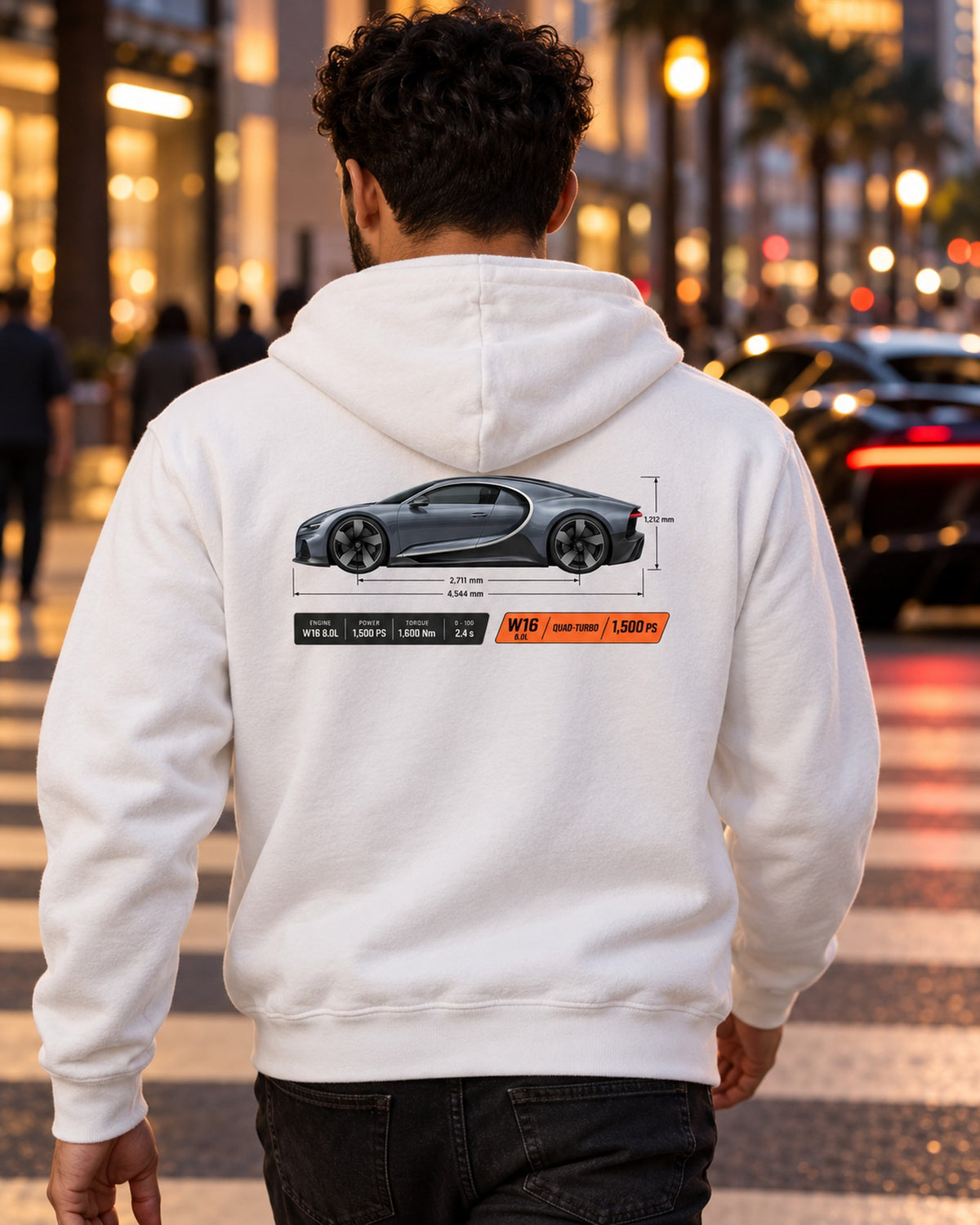 Bugatti Chiron W16 Dimension Blueprint Shirt, 1,500 PS Tee Zip Hoodie White worn hero