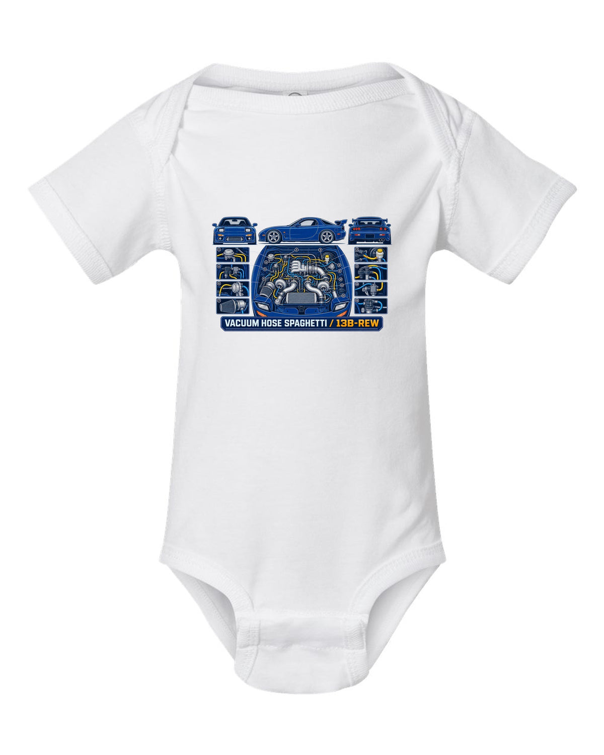 Patent drawing schematic print of a Mazda RX-7 FD3S 13B-REW with text Vacuum Hose Spaghetti white baby onesie front view with the design