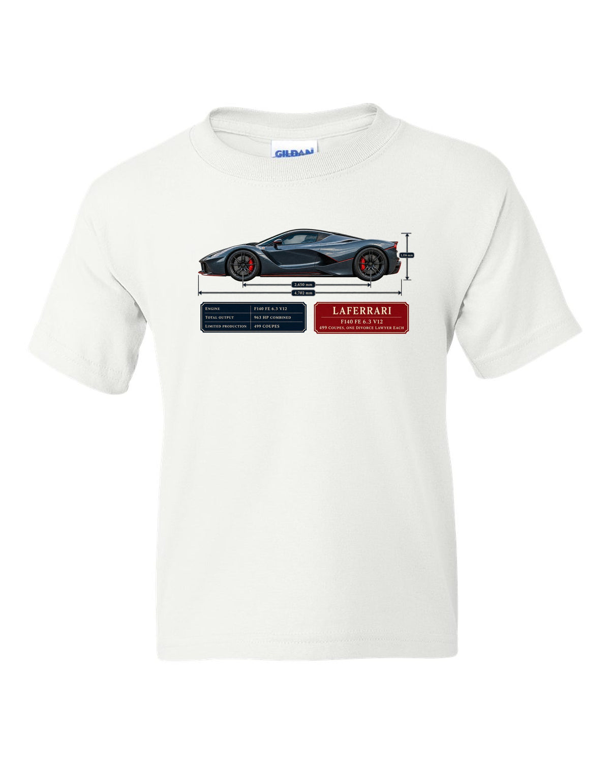 Ferrari LaFerrari dimension blueprint print with F140 FE 6.3 V12 text white kids tee front view with the design