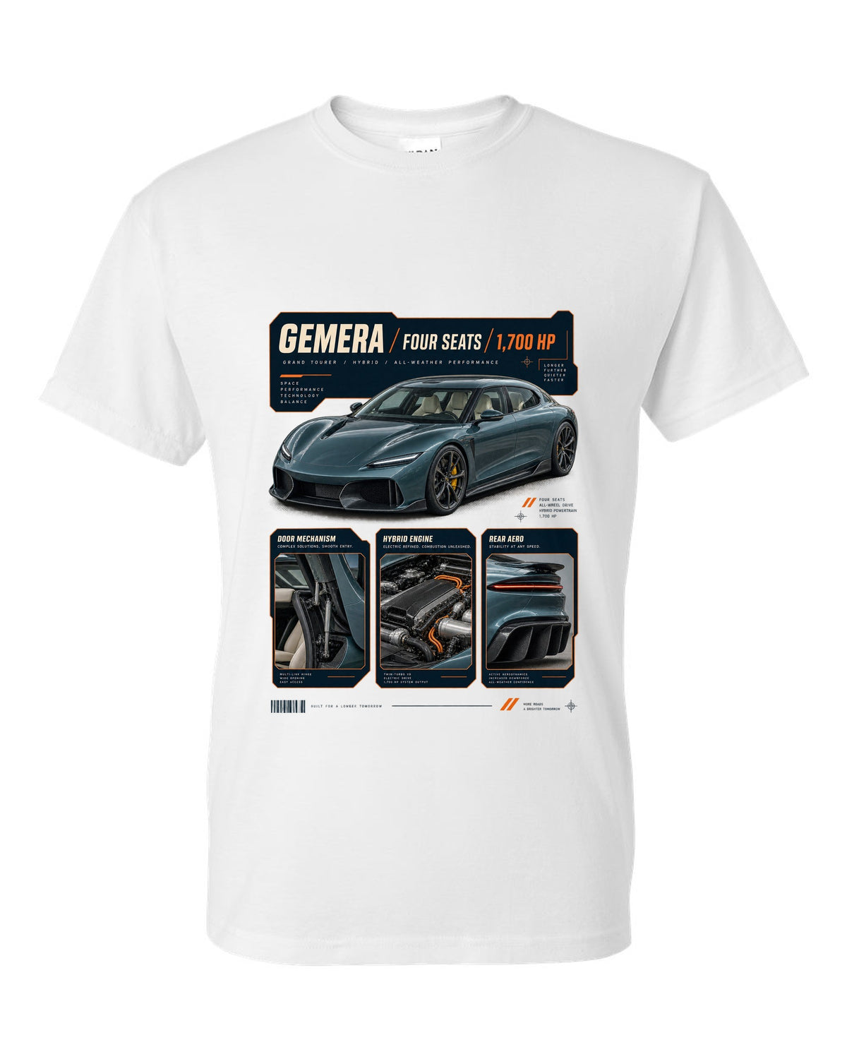 Dossier panel print of the Koenigsegg Gemera with the text Gemera, Mega-GT, four seats, 2020 reveal white t-shirt front view with the design