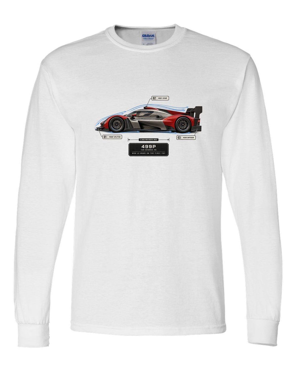 Ferrari 499P Le Mans Hypercar aero callout print with 120-degree V6 white long sleeve front view with the design