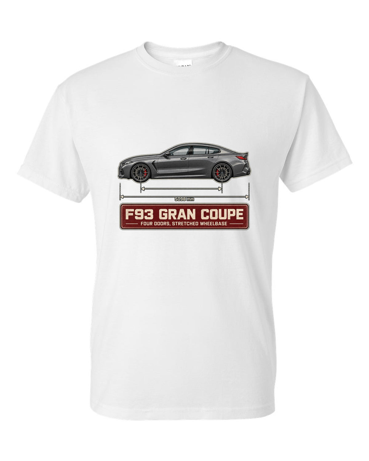 BMW M8 Competition Gran Coupe F93 blueprint print on a tee white t-shirt front view with the design