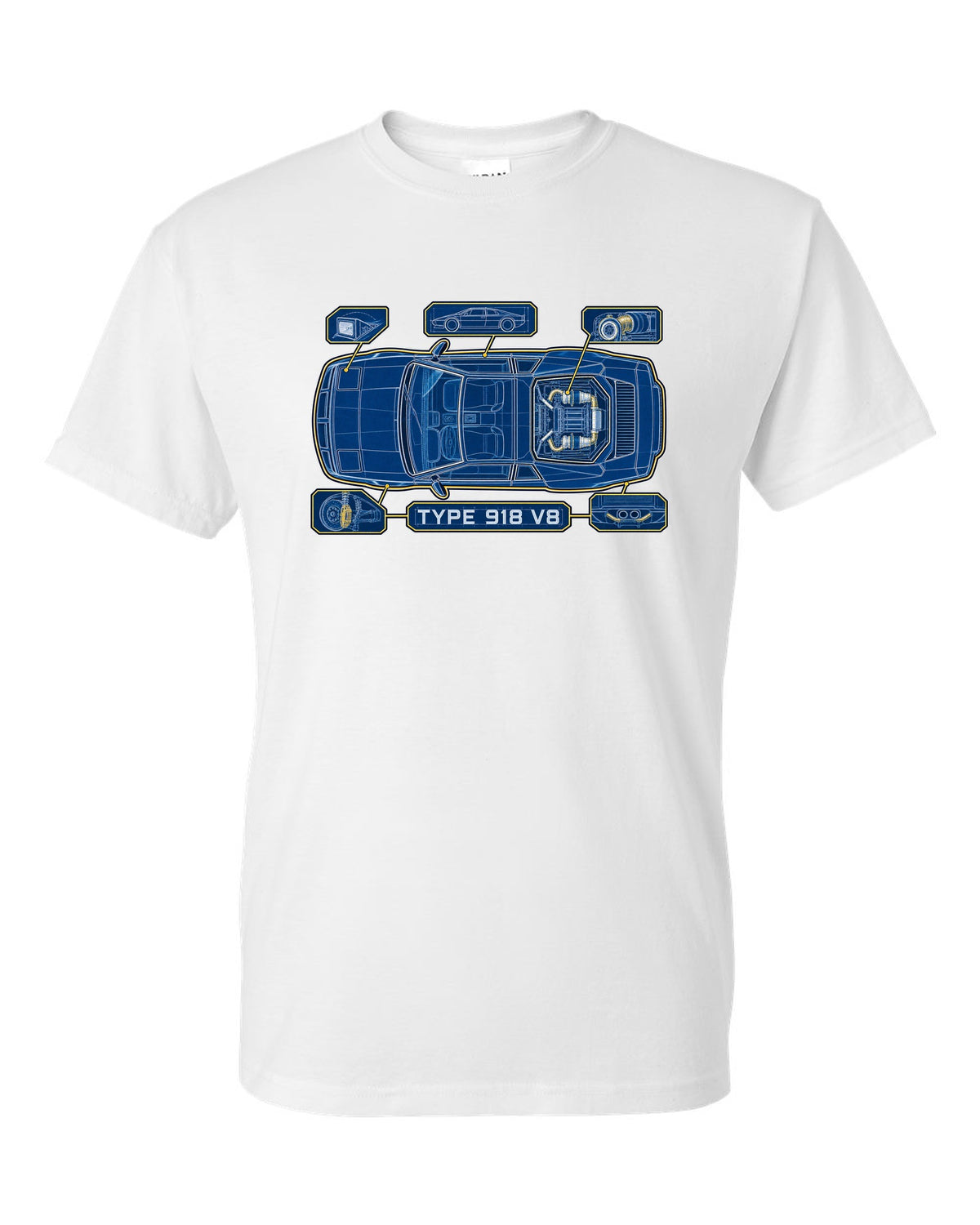 Lotus Esprit V8 cyanotype blueprint with TYPE 918 V8 lettering white t-shirt front view with the design