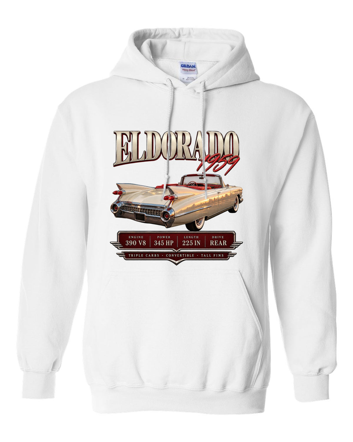 print archive panel of a 1959 Cadillac Eldorado Biarritz convertible with 390 V8 lettering white pull over hoodie front view with the design