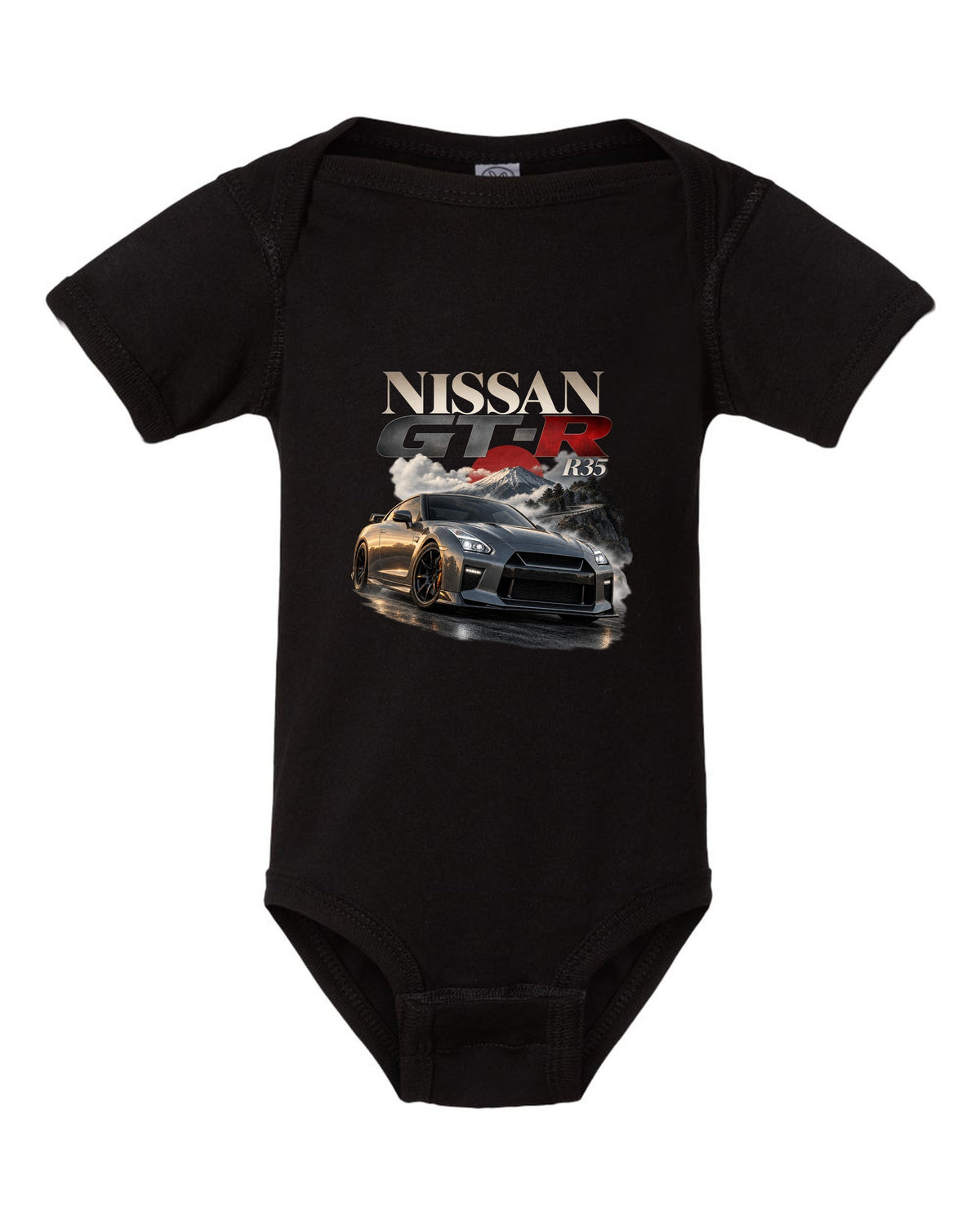 Nissan GT-R R35 2017 facelift in blue on a spec poster layout black baby onesie front view with the design