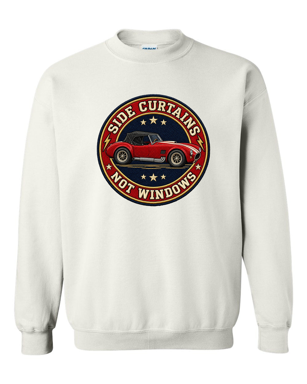 Embroidery-style varsity crest design with a 1992 Dodge Viper RT/10 SR I white crewneck front view with the design