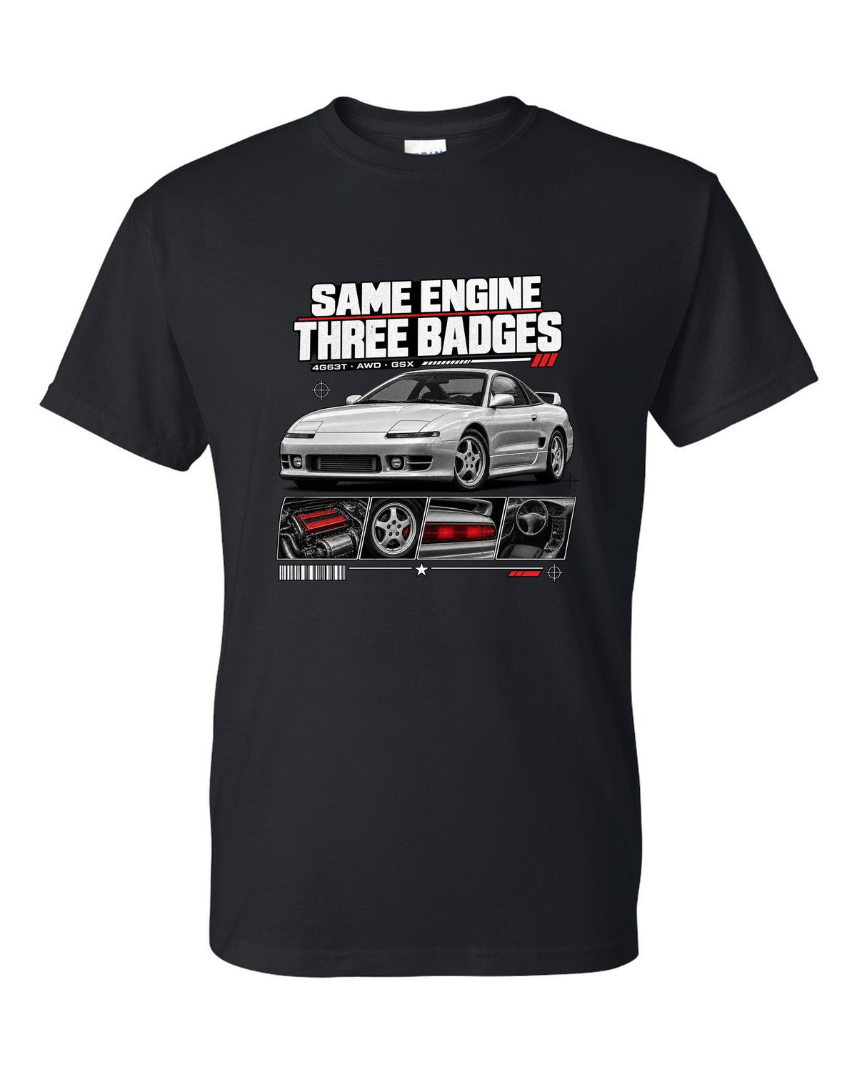 Mitsubishi Eclipse GSX 2G dossier panels with same engine three badges 4G63T text black t-shirt front view with the design