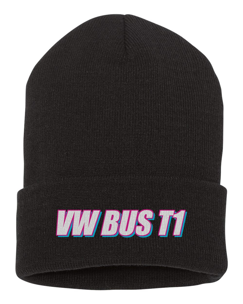Vw Bus T1 black beanie front view with car name